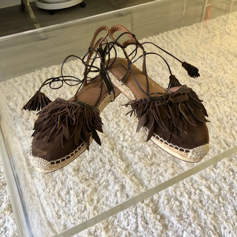 Aquazzura strappy suede flats with fringes, size 38 in deep brown. Never worn.